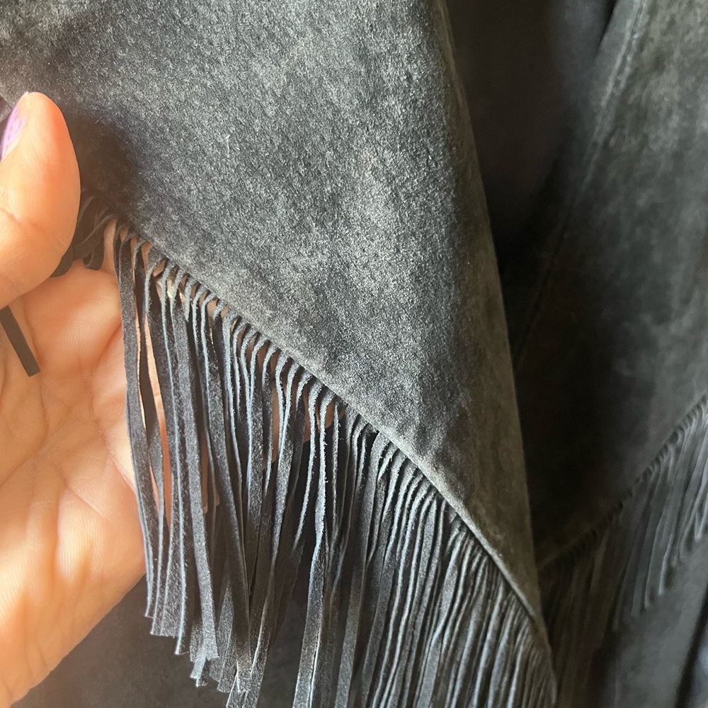 Beautiful black suede Trench coat with fringed collar